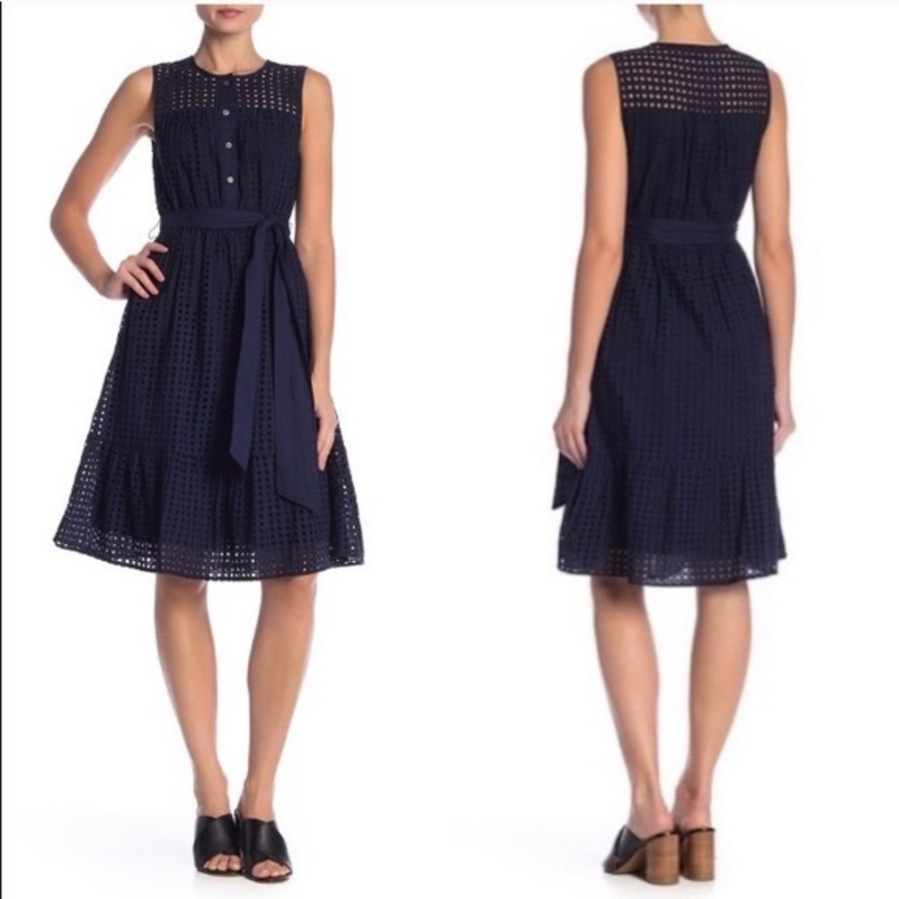 J. Crew Navy Blue Eyelet Sleeves-less Midi Dress 100% Cotton